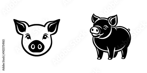 Icon set featuring simple black and white illustrations of pig faces and full-bodied pigs showcasing different designs