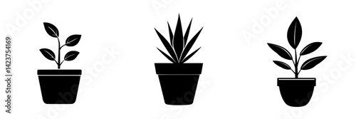 Icon set featuring various potted plants in simple and modern design style for graphic projects