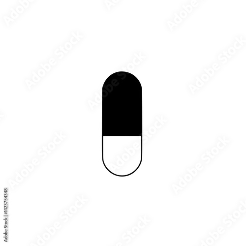 Black and white capsule icon representing medication and health care with a minimalist design for modern applications