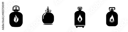 Icon set featuring various gas canisters with unique flame and droplet designs for versatile applications