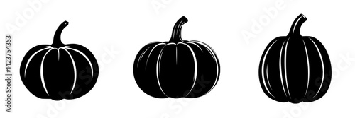 Black silhouette icon set of three pumpkins representing autumn harvest and Halloween themes for design projects
