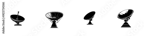 Collection of satellite dish icons representing various designs and sizes for communication technology
