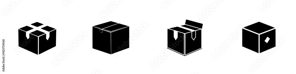 Icon set of various box designs representing different packaging styles and types for delivery and storage purposes Icon set of various box designs representing different packaging styles and types for delivery and storage purposes