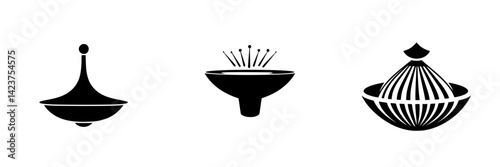 Unique icon set featuring a spinning top, a bowl with pins, and a decorative dome design for modern applications and creative projects