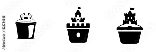 Icon set featuring various styles of sand castles in simple black design for graphic use