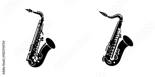 Two distinct saxophone icons showcasing a classic musical instrument in a minimalist style suitable for graphic design projects