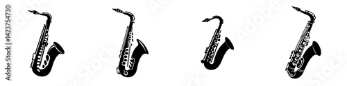 Icon set featuring various saxophone designs for music-related projects and presentations