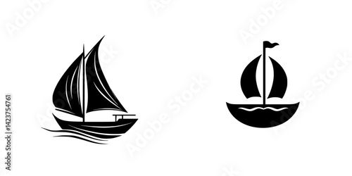 Icon set featuring two distinct sailboat designs in minimalist black and white style suitable for nautical themes and graphics