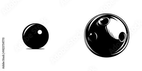 Icon set featuring simplified black bowling balls with varying sizes and designs suitable for graphic projects