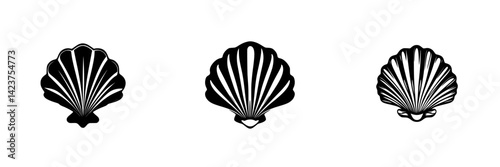 Stylized icon set featuring three black and white shell designs in a minimalist style