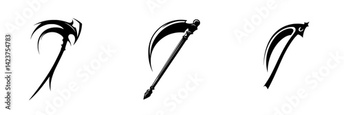 Collection of artistic black icons depicting various weapon designs with sharp edges and unique styles