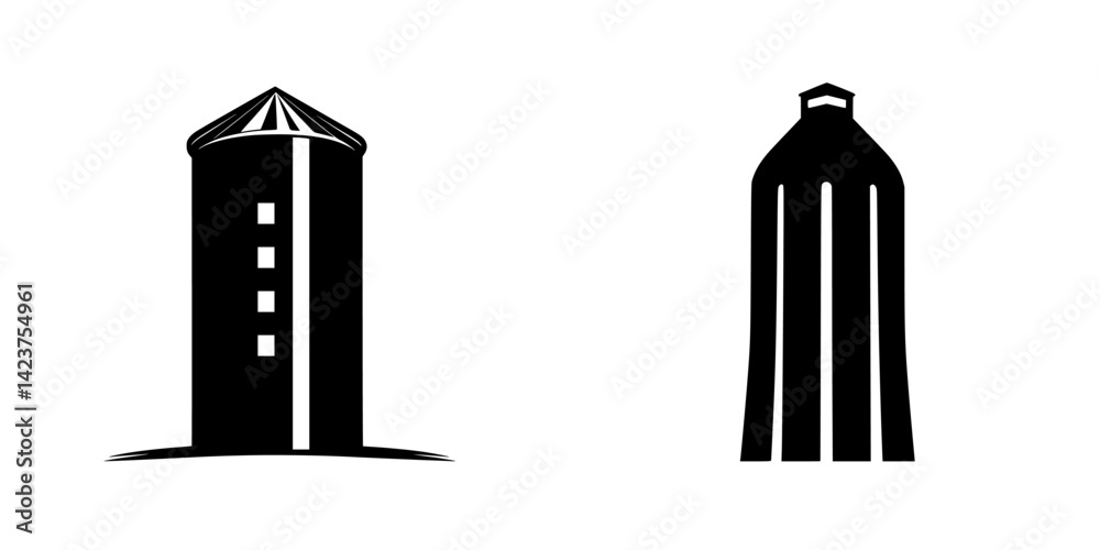 Icon set featuring simple black silhouettes of a silo and a barn structure, perfect for agricultural designs and branding Icon set featuring simple black silhouettes of a silo and a barn structure, perfect for agricultural designs and branding