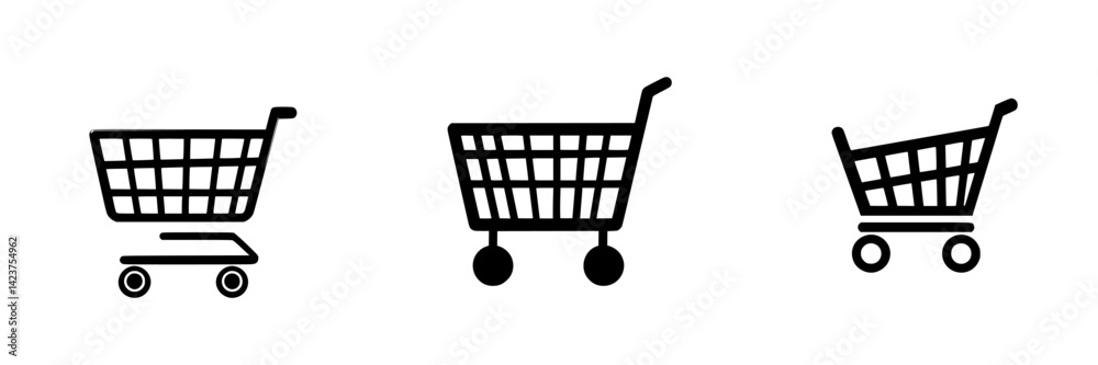 Various designs of shopping cart icons showcasing different styles and shapes for digital applications