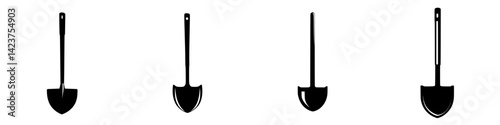 Icon set of shovels designed for gardening and construction purposes showcasing different styles and angles