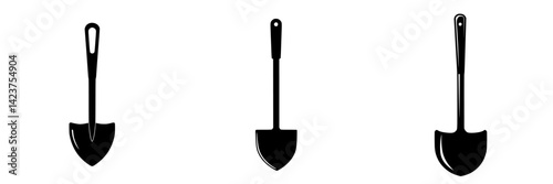 Icon set featuring three different shovel designs suitable for various applications in gardening and construction