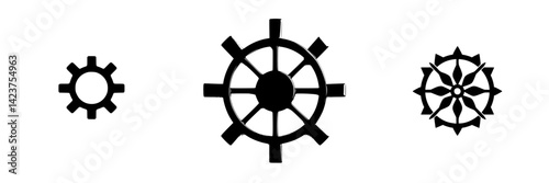 Selection of black icon set featuring gears and steering wheels for design purposes and digital applications
