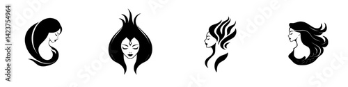 Elegant icon set featuring diverse hairstyles and feminine silhouettes showcasing beauty and style in a modern design