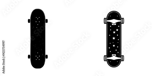 Icon set featuring skateboard designs with unique graphics and color contrasts for creative projects and graphic designs