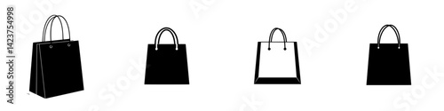 Icon set showcasing various styles of shopping bags in a minimalistic black design with different shapes and handles