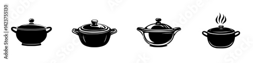 Icon set featuring different types of cooking pots designed for culinary uses and kitchen decor