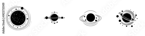 Icon set featuring various stylized planetary designs with celestial elements and abstract representation