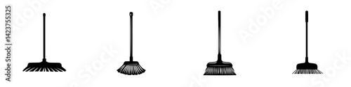 Icon set featuring various types of cleaning tools designed for household and outdoor use in a minimalistic style