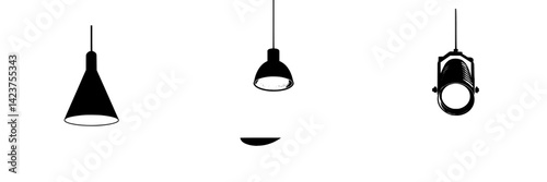 Icon set featuring various types of hanging light fixtures in minimalist black and white design