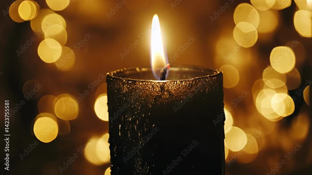 Black candle glowing in golden bokeh
