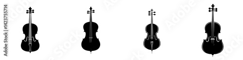 Icon set featuring various silhouettes of violins in different positions and angles for music-related designs