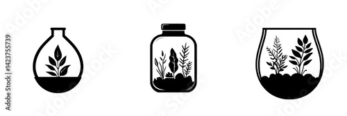 Collection of decorative plant icons featuring terrariums in various shapes and sizes for nature lovers and designers