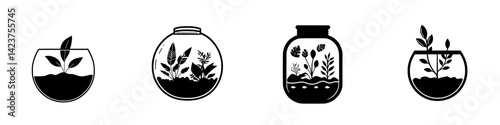 Icon set of various plant terrariums displaying different plant designs in unique containers