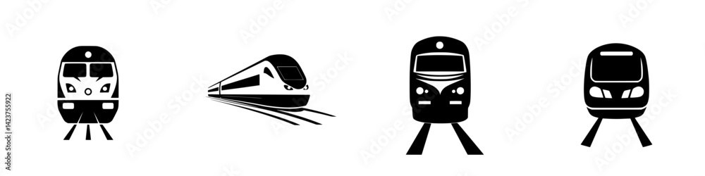 Icon set featuring various train designs and symbols representing transportation modes on different tracks Icon set featuring various train designs and symbols representing transportation modes on different tracks