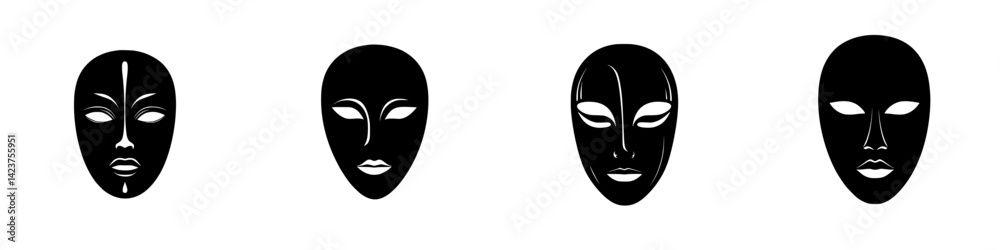 Collection of black and white icon set showcasing various mask designs with unique facial features and expressions Collection of black and white icon set showcasing various mask designs with unique facial features and expressions