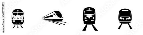 Icon set featuring various train designs and symbols representing transportation modes on different tracks