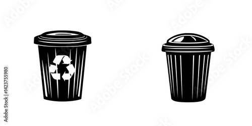 Set of black and white icons representing recycling and general trash bins for waste management design concepts