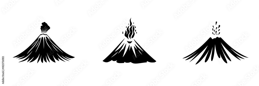 Creative icon set showcasing various volcanic eruptions in simple, monochrome designs for versatile use