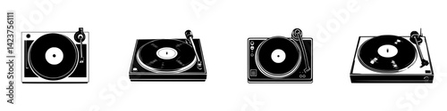 Icon set featuring various stylized turntables for music enthusiasts and designers