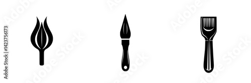 Icon set featuring representations of a flower, paintbrush, and palette knife for creative projects