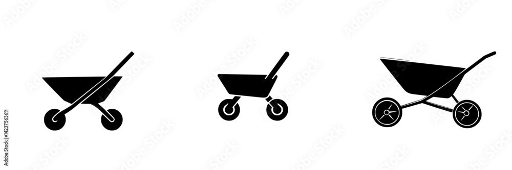 Various silhouettes of wheelbarrows designed for construction and gardening tasks Various silhouettes of wheelbarrows designed for construction and gardening tasks