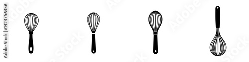 Various silhouettes of kitchen whisks in black and white showing different styles and designs for culinary use and kitchen decor