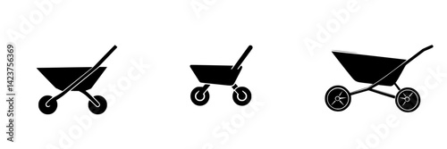 Various silhouettes of wheelbarrows designed for construction and gardening tasks