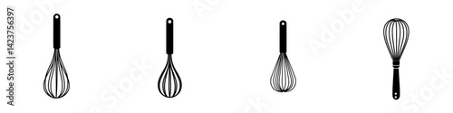 Modern icon set featuring black cooking whisks designed for culinary and kitchen-themed applications