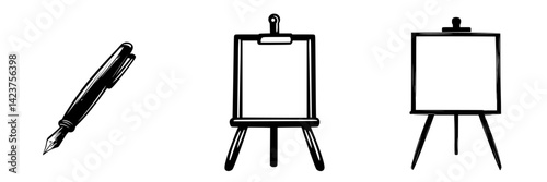 Creative icon set featuring a pen, blank canvas, and easel for artistic projects and design