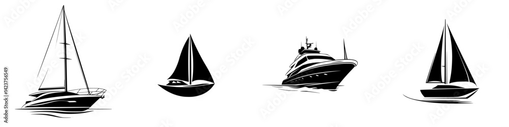 Collection of stylish icons showcasing various types of boats and yachts for nautical design projects