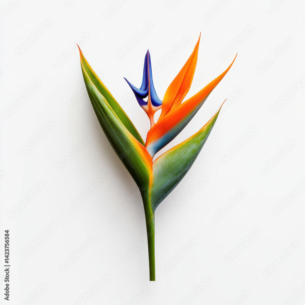 Obraz premium Close-up of a single Bird of Paradise bloom, featuring vivid orange sepals and deep blue petals gracefully emerging from a green bract, standing out against a clean white background.
