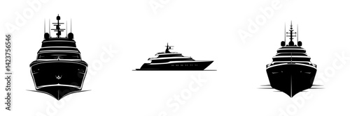 Icon set featuring elegantly designed yacht silhouettes showcasing various angles and styles in a minimalist black and white format