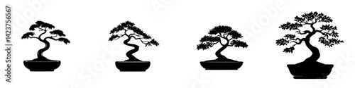Unique icon set featuring various stylized bonsai tree designs for creative projects