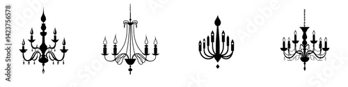 Various black chandelier icons for interior design and decoration