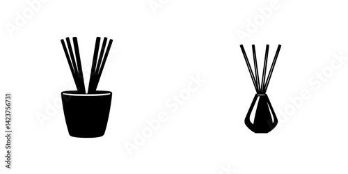 Icon set featuring decorative vases with reed diffusers for home decor and relaxation