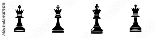 Icon set showcasing various styles of chess queen pieces for game design and educational resources